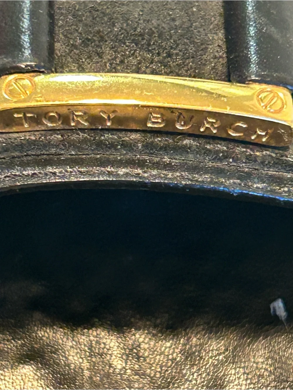 Tory Burch rounded toe, black suede, and leather pumps with gold accents 8.5M